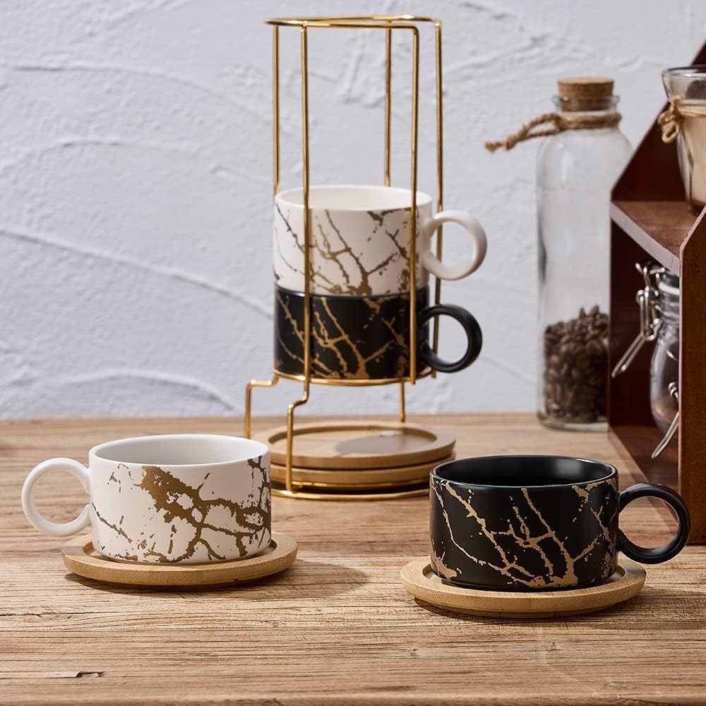 Porcelain Espresso Cups with Metal Stand, Set of 4