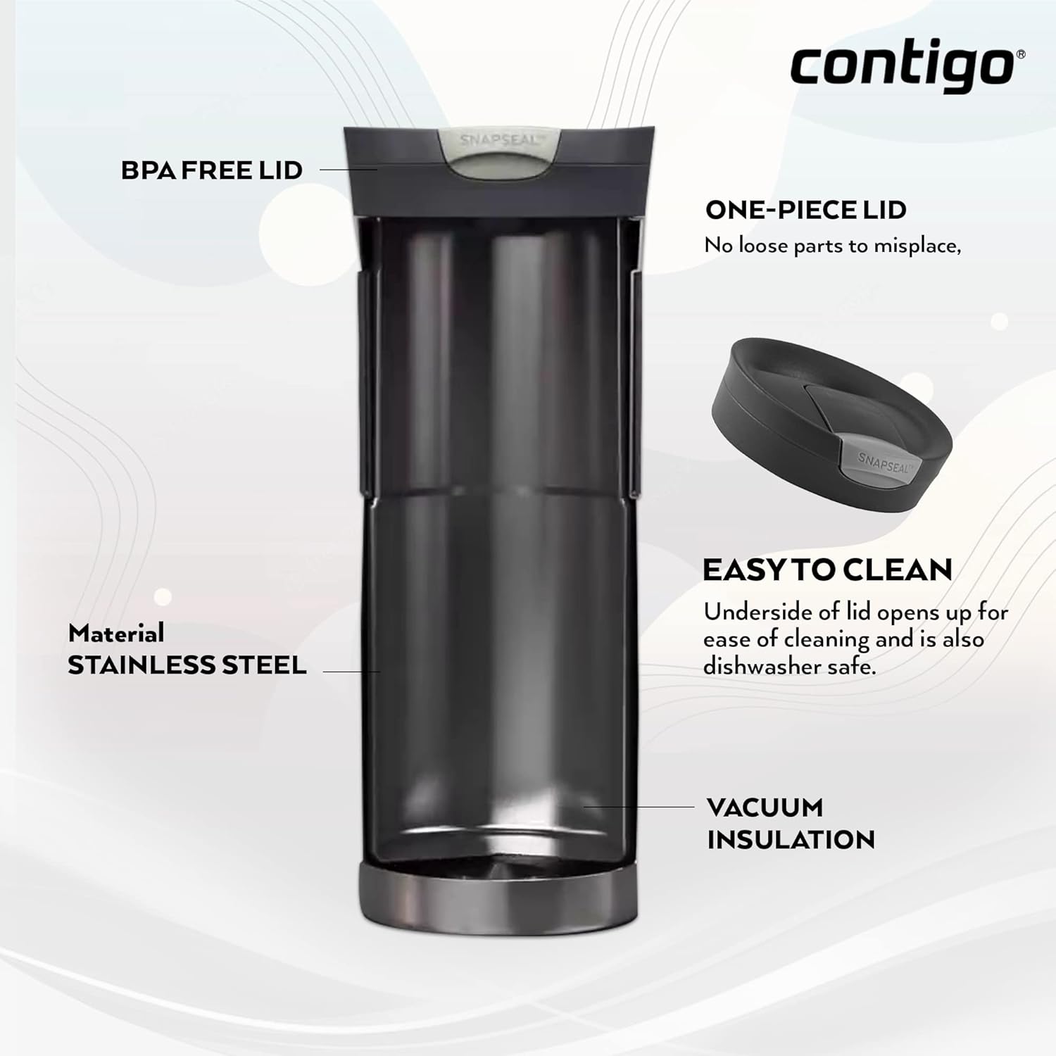 Contigo Byron Snapseal Travel Mug, Stainless Steel Thermal Mug, Vacuum Flask, Leakproof Tumbler, Coffee Mug With Bpa Free Easy-Clean Lid, 470 ml, Matte Black