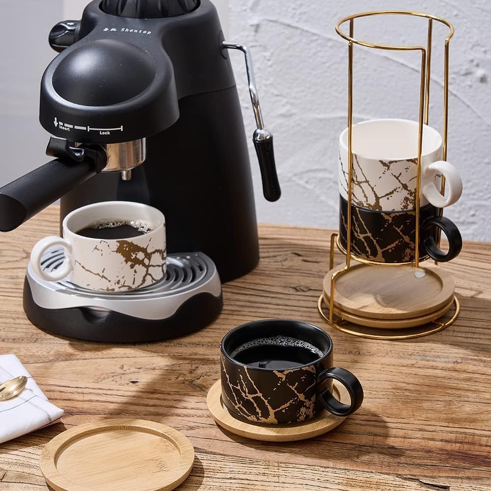 Porcelain Espresso Cups with Metal Stand, Set of 4