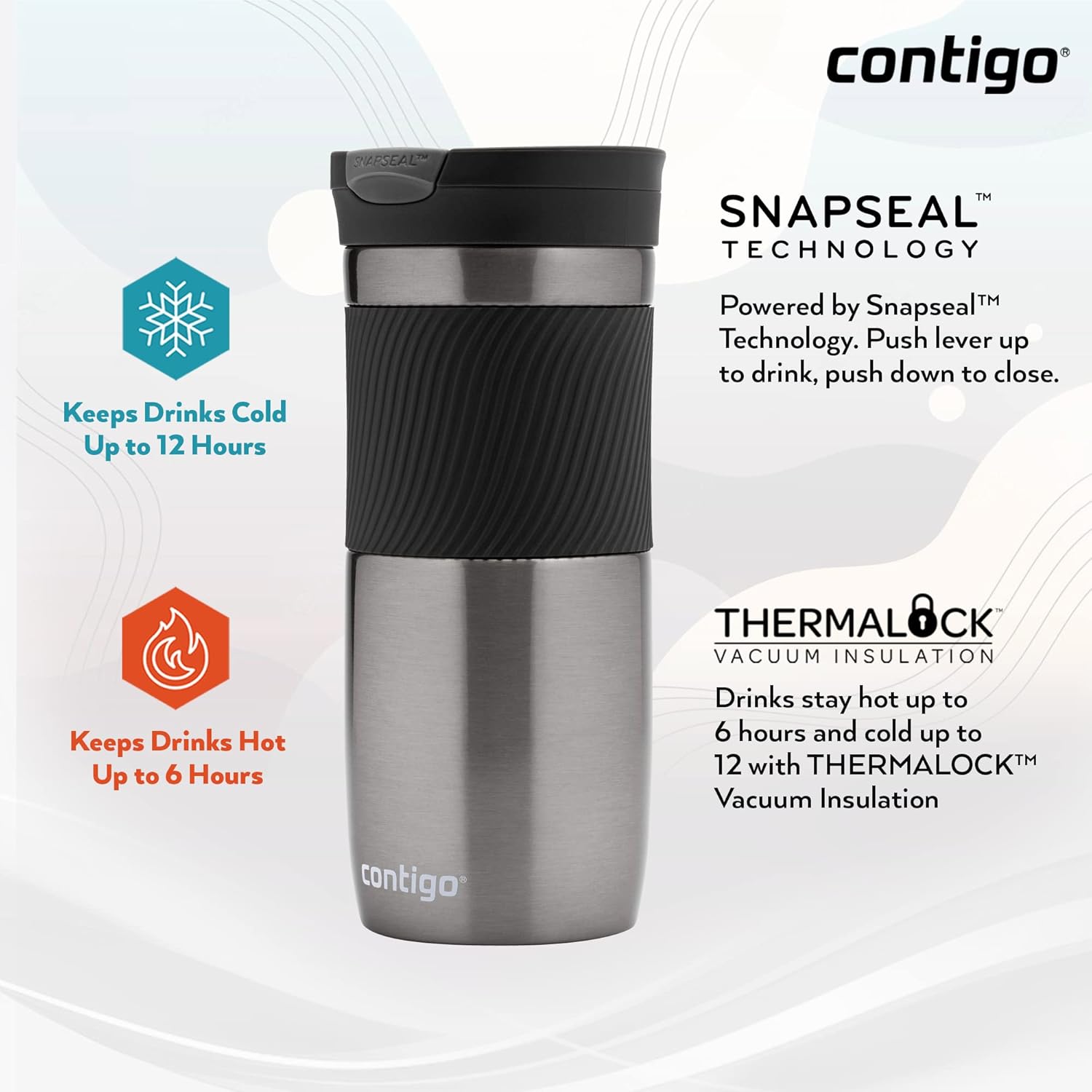 Contigo Byron Snapseal Travel Mug, Stainless Steel Thermal Mug, Vacuum Flask, Leakproof Tumbler, Coffee Mug With Bpa Free Easy-Clean Lid, 470 ml, Matte Black