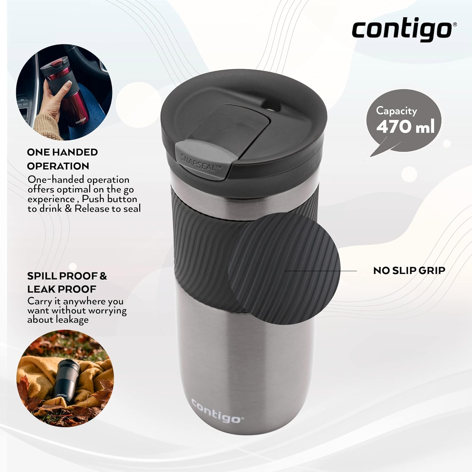 Contigo Byron Snapseal Travel Mug, Stainless Steel Thermal Mug, Vacuum Flask, Leakproof Tumbler, Coffee Mug With Bpa Free Easy-Clean Lid, 470 ml, Matte Black
